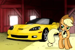 Size: 1024x686 | Tagged: applejack, artist:dyani-yahto, barn, car, car keys, chevrolet, chevrolet corvette, corvette c6, cowboy hat, derpibooru import, hat, mouth hold, safe, solo, stetson