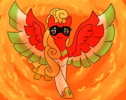 Size: 1280x1024 | Tagged: safe, artist:solratic, derpibooru import, oc, oc:ho-oh, unofficial characters only, ho-oh, pegasus, poképony, pony, eyeshadow, female, fire, lidded eyes, looking at you, makeup, mare, pokémon, smiling, solo, spread wings, wings
