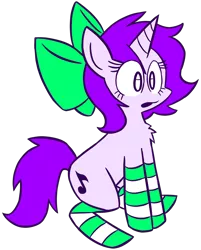 Size: 3000x3738 | Tagged: safe, artist:doodlegamertj, derpibooru import, oc, oc:mable syrup, unofficial characters only, unicorn, blind, bow, clothes, simple background, sitting, socks, solo, striped socks, transparent background