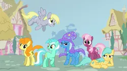 Size: 723x402 | Tagged: alternate mane six, artist needed, carrot top, cheerilee, derpibooru import, derpy hooves, golden harvest, lunaverse, lyra heartstrings, picture for breezies, safe, source needed, sunshower raindrops, trixie, useless source url
