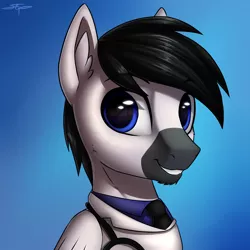 Size: 3000x3000 | Tagged: safe, artist:setharu, derpibooru import, oc, unofficial characters only, pegasus, pony, beard, blue background, bust, clothes, ear fluff, facial hair, grin, male, necktie, portrait, simple background, smiling, solo, stallion