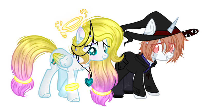 Size: 1600x841 | Tagged: safe, artist:angellightyt, artist:snowbunny0820, derpibooru import, oc, oc:angel light, oc:moses, unofficial characters only, pegasus, pony, unicorn, clothes, female, halo, hat, male, mare, simple background, stallion, transparent background, wizard hat