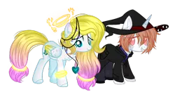 Size: 1600x841 | Tagged: safe, artist:angellightyt, artist:snowbunny0820, derpibooru import, oc, oc:angel light, oc:moses, unofficial characters only, pegasus, pony, unicorn, clothes, female, halo, hat, male, mare, simple background, stallion, transparent background, wizard hat