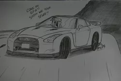 Size: 1936x1296 | Tagged: safe, artist:ricky47, derpibooru import, rainbow dash, pegasus, pony, car, crossover, drift, drifting, driving, female, mare, monochrome, nissan, nissan gt-r, road, sketch, solo, supercar, top gear, traditional art