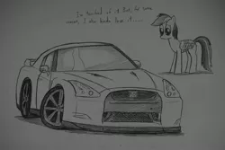 Size: 1936x1296 | Tagged: safe, artist:ricky47, derpibooru import, rainbow dash, pegasus, pony, bandage, car, crossover, injured wing, monochrome, nissan, nissan gt-r, simple background, sketch, solo, supercar, top gear, traditional art