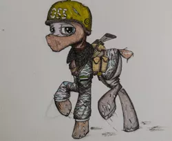 Size: 1280x1053 | Tagged: safe, artist:incrediblepanzer, derpibooru import, oc, unofficial characters only, earth pony, pony, balaclava, camouflage, clothes, gun, helmet, lidded eyes, male, military, military uniform, rifle, simple background, solo, stallion, torn clothes, traditional art, weapon, white background