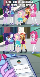 Size: 500x959 | Tagged: safe, derpibooru import, fluttershy, pinkie pie, rarity, sunset shimmer, timber spruce, twilight sparkle, equestria girls, equestria girls series, text support, geode of empathy, geode of fauna, geode of shielding, geode of sugar bombs, geode of telekinesis, image macro, magical geodes, meme, send nudes, text