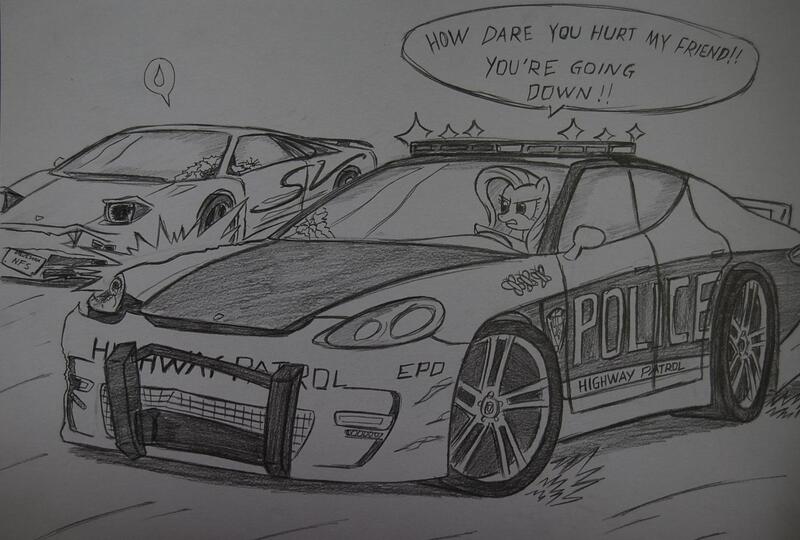 Size: 1892x1276 | Tagged: safe, artist:ricky47, derpibooru import, fluttershy, pony, angry, car, crossover, driving, lamborghini, lamborghini diablo, lamborghini diablo sv, monochrome, need for speed, need for speed: hot pursuit, police, police car, porsche, porsche panamera, sketch, speech bubble, sweatdrop, traditional art