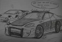 Size: 1892x1276 | Tagged: safe, artist:ricky47, derpibooru import, fluttershy, pony, angry, car, crossover, driving, lamborghini, lamborghini diablo, lamborghini diablo sv, monochrome, need for speed, need for speed: hot pursuit, police, police car, porsche, porsche panamera, sketch, speech bubble, sweatdrop, traditional art