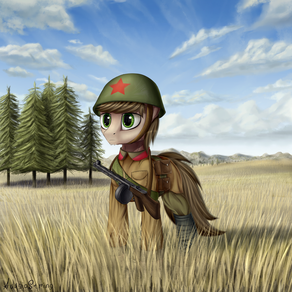 Size: 2000x2000 | Tagged: safe, artist:adagiostring, derpibooru import, oc, unofficial characters only, earth pony, pony, field, helmet, male, military, military uniform, ppsh-41, red army, solo, soviet, spruce, stallion, tree, world war ii