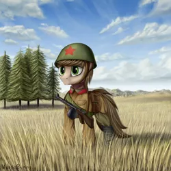 Size: 2000x2000 | Tagged: safe, artist:adagiostring, derpibooru import, oc, unofficial characters only, earth pony, pony, field, helmet, male, military, military uniform, ppsh-41, red army, solo, soviet, spruce, stallion, tree, world war ii