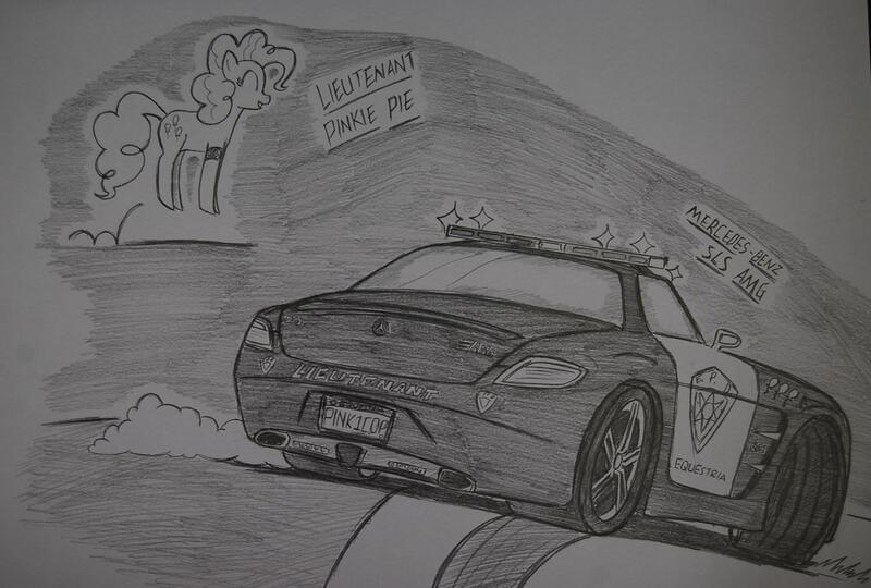 Size: 1921x1296 | Tagged: safe, artist:ricky47, derpibooru import, pinkie pie, earth pony, pony, balloon, bouncing, car, crossover, drifting, female, license plate, lieutenant, mercedes-benz, mercedes-benz sls amg, monochrome, need for speed, need for speed: hot pursuit, police, police car, sketch, solo, traditional art