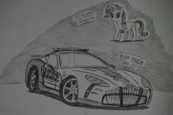 Size: 1936x1296 | Tagged: safe, artist:ricky47, derpibooru import, rarity, pony, unicorn, aston martin, aston martin one 77, car, crossover, diamond, female, monochrome, need for speed, need for speed: hot pursuit, police, police car, sergeant, solo, supercar, traditional art