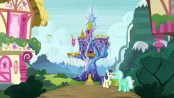 Size: 1920x1080 | Tagged: bird, bon bon, bush, cloud, derpibooru import, flag, happy, hill, house, looking at each other, lyra heartstrings, mountain, ponyville, raised hoof, road, safe, scenery, screencap, shadow play, smiling, sweetie drops, twilight's castle, waterfall