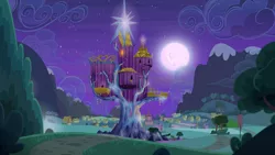 Size: 1920x1080 | Tagged: bush, cloud, derpibooru import, flag, hill, house, moon, mountain, night, no pony, ponyville, ponyville town hall, river, road, safe, scenery, screencap, stars, tent, to where and back again, tree, trixie's wagon, twilight's castle, waterfall