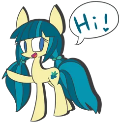 Size: 2000x2000 | Tagged: safe, artist:luckyclau, derpibooru import, juniper montage, ponified, earth pony, pony, cute, equestria girls ponified, exclamation point, female, heart, hi, junibetes, looking at you, mare, missing accessory, no pupils, open mouth, pigtails, raised hoof, simple background, smiling, speech bubble, transparent background, twintails, waving