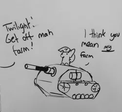 Size: 1379x1263 | Tagged: safe, artist:tjpones, derpibooru import, twilight sparkle, pony, black and white, dialogue, female, grayscale, implied applejack, lineart, mare, missing horn, monochrome, offscreen character, simple background, solo, tank (vehicle), traditional art, tyrant sparkle
