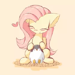 Size: 2000x2000 | Tagged: safe, artist:morningbullet, derpibooru import, fluttershy, penguin, pony, blushing, cute, eyes closed, female, happy, heart, high res, mare, shyabetes, simple background, sitting, smiling
