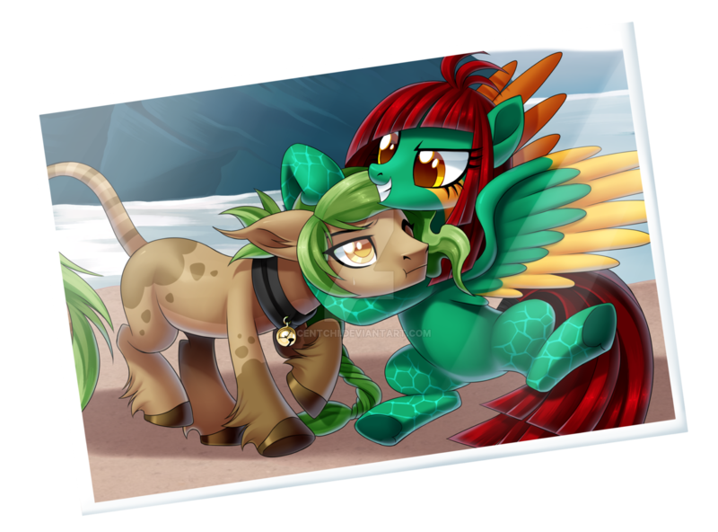 Size: 1600x1183 | Tagged: safe, artist:centchi, derpibooru import, oc, oc:petrichor, oc:slipstream, unofficial characters only, earth pony, pegasus, pony, bell, bell collar, collar, colored wings, female, mare, multicolored wings, noogie, simple background, transparent background, unshorn fetlocks, watermark