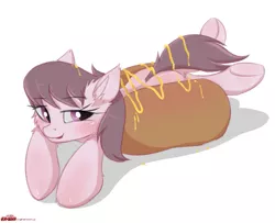 Size: 1493x1213 | Tagged: suggestive, artist:orang111, derpibooru import, oc, oc:hot dogger, unofficial characters only, earth pony, pony, bedroom eyes, ear fluff, food, horse meat, hot dog, lewd, meat, mustard, pony as food, sauce, sausage, simple background, solo, white background