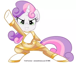 Size: 1445x1200 | Tagged: safe, artist:nanook123, derpibooru import, sweetie belle, pony, unicorn, chouriki sentai ohranger, clothes, cute, female, filly, looking at you, pose, power rangers, power rangers zeo, simple background, solo, super sentai, white background, yellow ranger