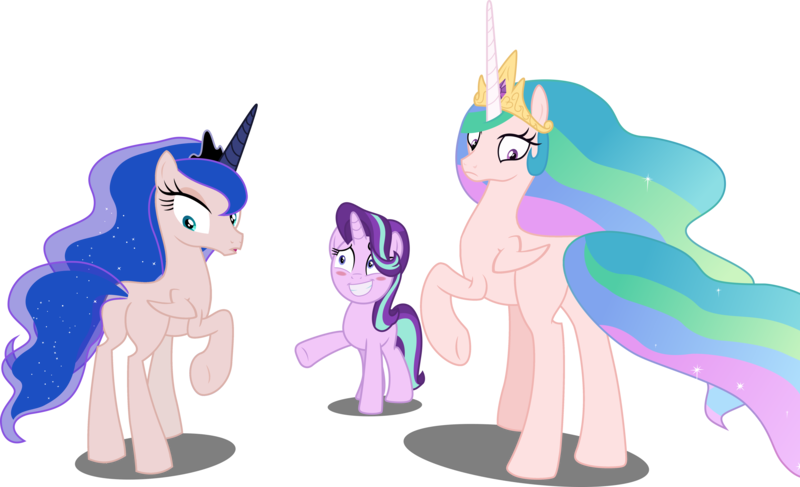 Size: 6724x4096 | Tagged: safe, artist:tralomine, derpibooru import, edit, editor:slayerbvc, vector edit, princess celestia, princess luna, starlight glimmer, alicorn, unicorn, a royal problem, absurd resolution, blushing, embarrassed, furless, furless edit, grin, looking back, missing accessory, now you fucked up, nude edit, nudity, plot, plucked, raised hoof, shaved, simple background, skin, smiling, spell gone wrong, transparent background, underhoof, vector