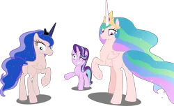 Size: 6724x4096 | Tagged: safe, artist:tralomine, derpibooru import, edit, editor:slayerbvc, vector edit, princess celestia, princess luna, starlight glimmer, alicorn, unicorn, a royal problem, absurd resolution, blushing, embarrassed, furless, furless edit, grin, looking back, missing accessory, now you fucked up, nude edit, nudity, plot, plucked, raised hoof, shaved, simple background, skin, smiling, spell gone wrong, transparent background, underhoof, vector