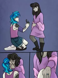 Size: 1536x2048 | Tagged: safe, artist:incendiaryboobs, derpibooru import, octavia melody, vinyl scratch, equestria girls, blue background, boots, clothes, comic, commission, cute, ear piercing, earring, elbow pads, eyes closed, female, heartwarming, jewelry, kissing, leggings, lesbian, marriage proposal, nose piercing, offscreen character, piercing, pov, ring, romantic, scarf, scratchtavia, shipping, shoes, shorts, simple background, socks, stockings, tanktop, tattoo, tavibetes, thigh highs, vinylbetes
