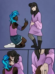 Size: 1536x2048 | Tagged: safe, alternate version, artist:incendiaryboobs, derpibooru import, octavia melody, vinyl scratch, human, blue background, boots, clothes, comic, commission, cute, dark skin, ear piercing, earring, elbow pads, eyes closed, female, heartwarming, humanized, jewelry, kissing, leggings, lesbian, marriage proposal, nose piercing, offscreen character, piercing, pov, ring, romantic, scarf, scratchtavia, shipping, shoes, shorts, simple background, socks, stockings, tanktop, tattoo, tavibetes, thigh highs, vinylbetes