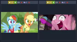 Size: 700x387 | Tagged: applejack, buckball season, derpibooru, derpibooru import, juxtaposition, meta, my little pony: the movie, pinkie pie, rainbow dash, safe, screencap