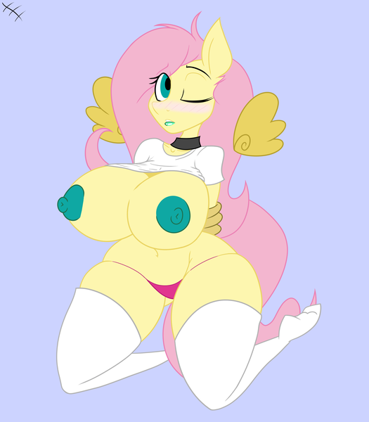 Size: 2560x2924 | Tagged: questionable, artist:kaixxxcorner, artist:lil miss jay, derpibooru import, fluttershy, anthro, belly button, big breasts, bimbo, blushing, breasts, busty fluttershy, choker, chokershy, clothes, curvy, female, flutterpet, huge breasts, kneeling, lipstick, nipples, nudity, one eye closed, panties, partial nudity, shirt, shirt lift, sluttershy, socks, solo, solo female, stockings, technicolor nipples, thigh highs, thong, underwear, wink