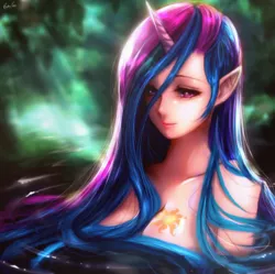 Size: 602x600 | Tagged: artist:esther, artist:esther-shen, beautiful, boobie mark, breasts, crepuscular rays, cutie mark on human, derpibooru import, elf ears, female, horned humanization, human, humanized, lake, nudity, princess celestia, ripple, smiling, solo, suggestive, tree, water