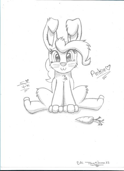 Size: 1700x2338 | Tagged: adorable face, animal costume, artist:tonystorm12, bunny costume, bunny ears, carrot, clothes, costume, cute, derpibooru import, food, looking at you, pinkie pie, safe, solo, traditional art