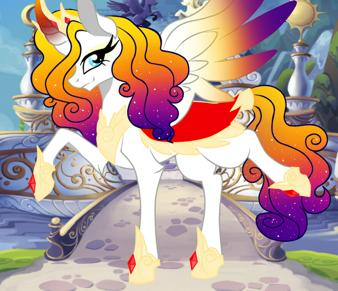 Size: 887x765 | Tagged: safe, artist:owocrystalcatowo, derpibooru import, oc, oc:flame galaxy, unofficial characters only, alicorn, pony, alicorn oc, colored wings, colored wingtips, female, gradient mane, gradient wings, mare, multicolored wings, offspring's offspring, parent:oc:bright sun, parent:oc:shy heart, solo