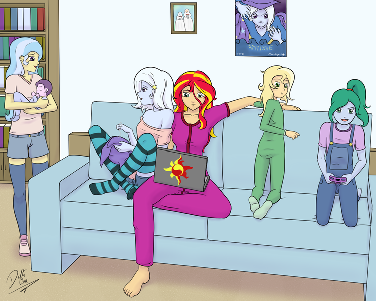 Size: 1500x1200 | Tagged: safe, artist:deltalima, derpibooru import, sunset shimmer, trixie, oc, equestria girls, baby, book, bookshelf, clothes, commission, computer, couch, family, female, laptop computer, lesbian, magical lesbian spawn, next generation, offspring, pajamas, parent:sunset shimmer, parent:trixie, parents:suntrix, poster, shipping, socks, striped socks, suntrix, thigh highs, zettai ryouiki