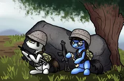 Size: 1600x1050 | Tagged: safe, artist:sabrib, derpibooru import, oc, oc:nomad aegis, oc:tinker doo, earth pony, pony, unicorn, backpack, bandage, clothes, cosplay, costume, glasses, gun, helmet, male, playerunknown's battlegrounds, rock, tree, weapon