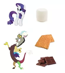 Size: 686x775 | Tagged: safe, derpibooru import, discord, rarity, draconequus, pony, unicorn, chocolate, food, graham cracker, marshmallow, rarity is a marshmallow, simple background, white background