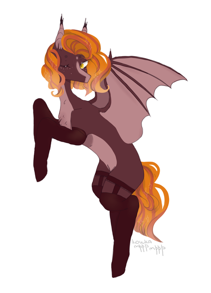 Size: 2329x3231 | Tagged: safe, artist:koshkamrrr, derpibooru import, oc, oc:fire glow, unofficial characters only, bat pony, pony, bat pony oc, bat wings, chest fluff, clothes, ear fluff, female, freckles, garters, looking at you, mare, one eye closed, signature, simple background, socks, solo, spread wings, white background, wings, wink