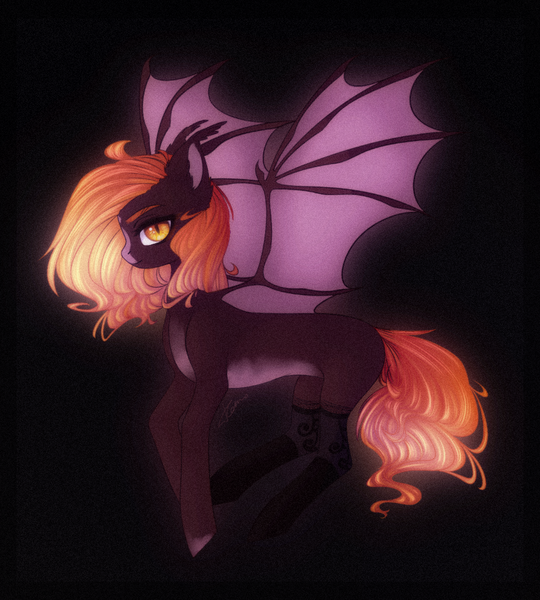 Size: 911x1012 | Tagged: safe, artist:tomness, derpibooru import, oc, oc:fire glow, bat pony, pony, bat pony oc, black background, clothes, female, mare, simple background, socks, solo, wings