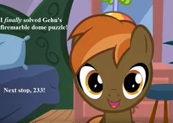 Size: 875x625 | Tagged: safe, derpibooru import, edit, edited screencap, screencap, button mash, earth pony, pony, colt, cropped, happy, hat, male, myst, riven, text, youtube screencap