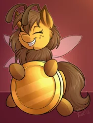 Size: 960x1280 | Tagged: safe, artist:sugaryviolet, derpibooru import, oc, oc:beeatrice, unofficial characters only, bee pony, original species, pony, coin, cute, eyes closed, female, grin, mare, ocbetes, smiling, solo