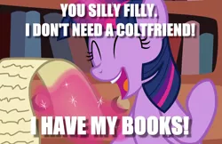 Size: 2926x1891 | Tagged: safe, artist:badumsquish, derpibooru import, edit, twilight sparkle, twilight sparkle (alicorn), alicorn, pony, adorkable, book, cute, dork, egghead, female, forever alone, image macro, mare, meme, solo, that pony sure does love books