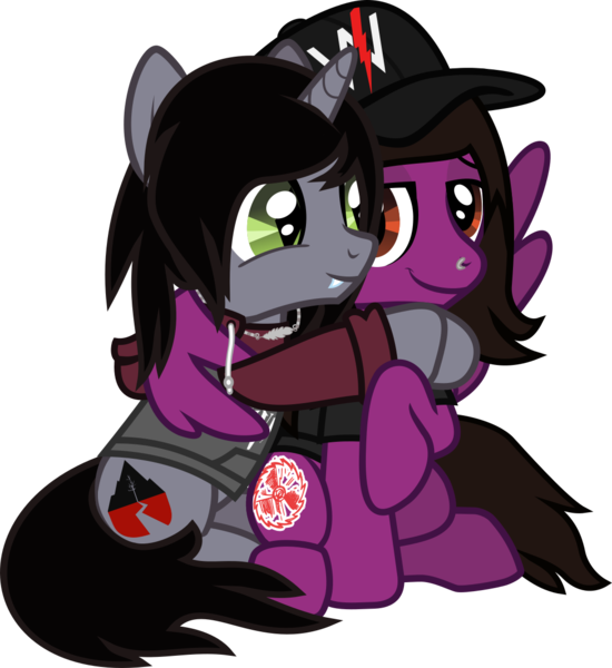 Size: 1167x1273 | Tagged: safe, artist:lightningbolt, derpibooru import, ponified, ponified:kellin quinn, pegasus, pony, unicorn, .svg available, cap, clothes, disguised siren, duo, fangs, friendshipping, hair over one eye, happy, hat, hoodie, horn, hug, jewelry, lidded eyes, looking at each other, male, necklace, nose piercing, pierce the veil, piercing, shirt, simple background, sitting, sleeping with sirens, slit eyes, smiling, smirk, spread wings, stallion, svg, t-shirt, transparent background, vector, vic fuentes, winghug, wings