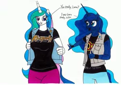 Size: 3495x2473 | Tagged: safe, artist:killerteddybear94, derpibooru import, princess celestia, princess luna, alicorn, anthro, pony, breasts, busty princess celestia, clothes, cute, cutelestia, dialogue, female, heavy metal, jacket, looking at each other, lunabetes, mare, multicolored mane, open mouth, ozzy osbourne, pants, rhapsody of fire, royal sisters, shirt, siblings, sisters, smiling, t-shirt, traditional art, wristband