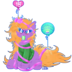Size: 1080x1093 | Tagged: safe, artist:vanillaswirl6, derpibooru import, oc, oc:sabrina, unofficial characters only, pony, balloon, birthday, bow, clothes, colored pupils, cute, cute little fangs, ear fluff, fangs, female, fluffy, gift art, glasses, hoof fluff, leg fluff, mouth hold, present, ribbon, simple background, sitting, string, sweater, transparent background