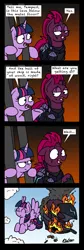 Size: 1184x3507 | Tagged: safe, artist:bobthedalek, derpibooru import, tempest shadow, twilight sparkle, twilight sparkle (alicorn), alicorn, pony, unicorn, my little pony: the movie, airship, alternate ending, armor, broken horn, burning, cage, clothes, comic, dialogue, didn't think this through, duo, eye scar, female, flying, mare, oh crap, panic, reality ensues, scar, shrunken pupils, smug, wait