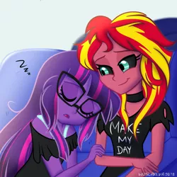 Size: 600x600 | Tagged: safe, artist:wubcakeva, derpibooru import, sci-twi, sunset shimmer, twilight sparkle, comic:ask casual midnight and demon shimmer, equestria girls, casual, causal midnight sparkle, choker, clothes, cuddling, cute, eyes closed, female, lesbian, make my day, midnight sparkle, midnightabetes, midnightsatan, open mouth, scitwishimmer, shipping, sleeping, sunset satan, sunsetsparkle, twiabetes, zzz