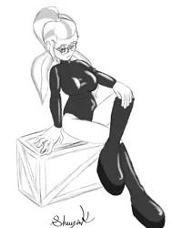 Size: 809x1070 | Tagged: suggestive, artist:shuyink, derpibooru import, sugarcoat, equestria girls, breasts, busty sugarcoat, clothes, female, grayscale, latex, latex boots, latex suit, leotard, looking at you, monochrome, solo