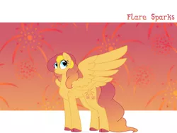 Size: 1600x1200 | Tagged: safe, artist:faith-wolff, derpibooru import, oc, oc:flare sparks, unofficial characters only, pegasus, pony, biography, cloven hooves, colored hooves, cutie mark background, faithverse, female, happy, mare, next generation, offspring, parent:flash sentry, parent:sunset shimmer, parents:flashimmer, signature, smiling, solo, tail feathers
