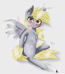 Size: 2886x3266 | Tagged: artist:rengam, blanket, blushing, derpibooru import, derpy hooves, female, looking at you, lying down, simple background, solo, solo female, suggestive